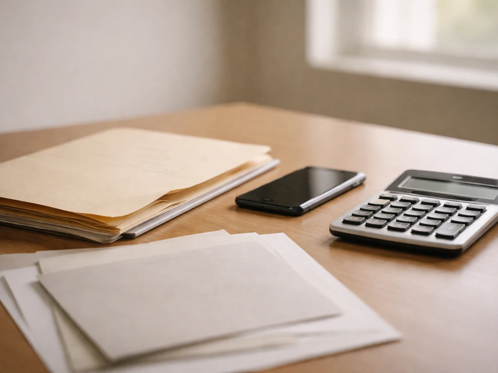 Minimal photo of a contract folder and calculator on an office desk, symbolizing changing financial estimates.