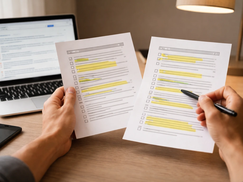 Close-up of hands comparing documents and a laptop search page, symbolizing contract ID verification workflow.