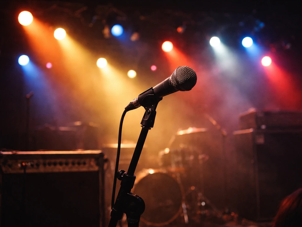 Empty microphone stand on a hazy hard-rock stage with colored spotlights, no identifiable performer