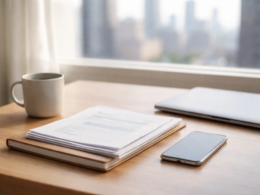 Minimal finance desk scene with documents and smartphone, implying changing net-worth estimates over time