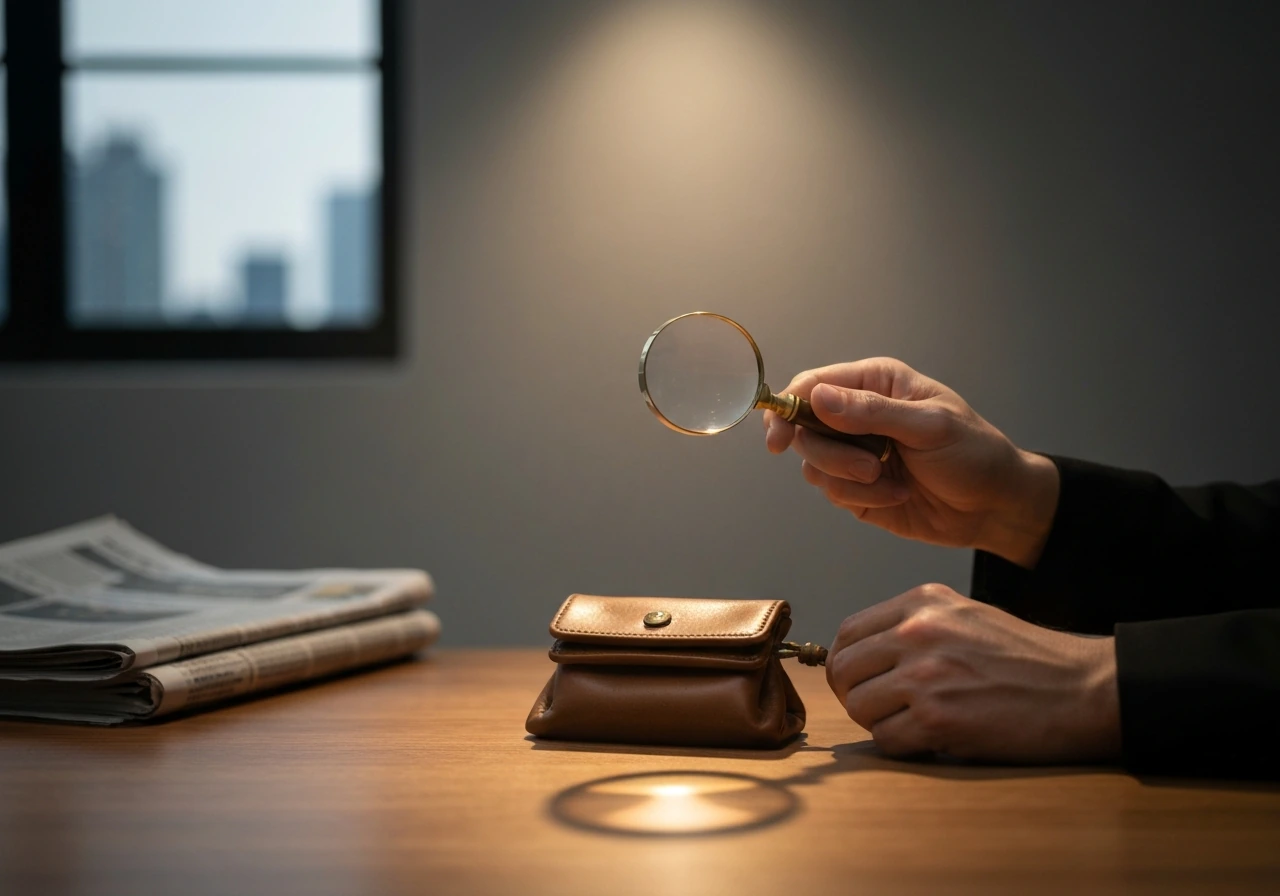Spotlight on a wooden desk with a magnifying glass over a money pouch, symbolic finance analysis vibe.