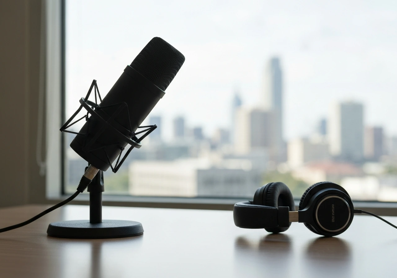 Minimal desk scene with audio mic and city skyline, symbolizing media and identity confusion