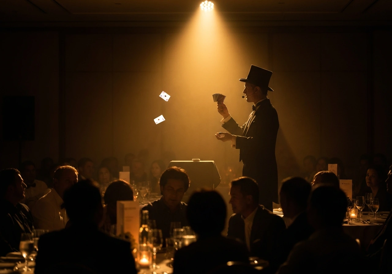 Silhouetted magician under a spotlight performing with cards at an upscale corporate event.