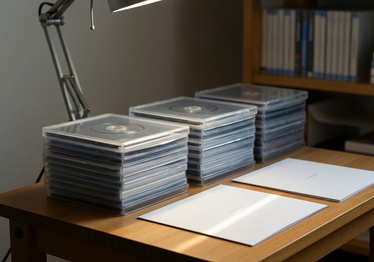 Table-top shot of neatly stacked magic instructional DVDs and booklet-style lecture notes in a studio setting
