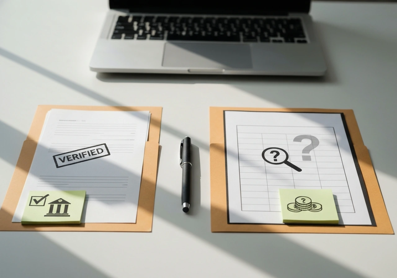 Minimal photo showing two contrasting money-check and estimate symbols on a desk with documents and a calculator