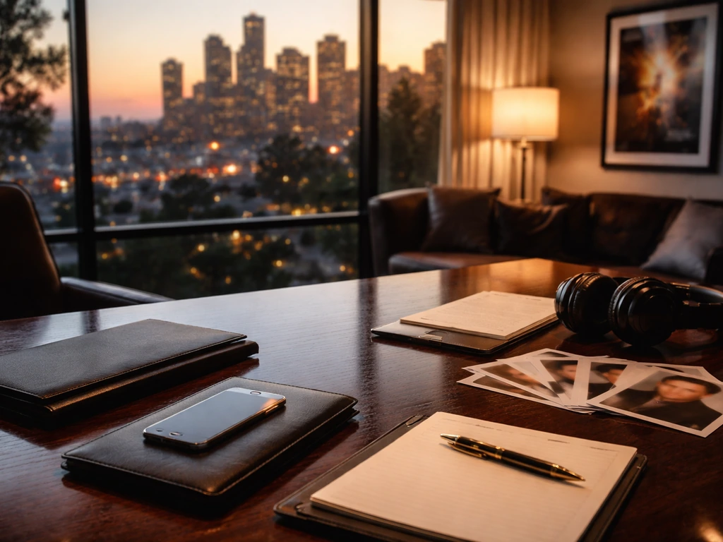 Luxury entertainment executive office with subtle wealth and media industry atmosphere, no people.