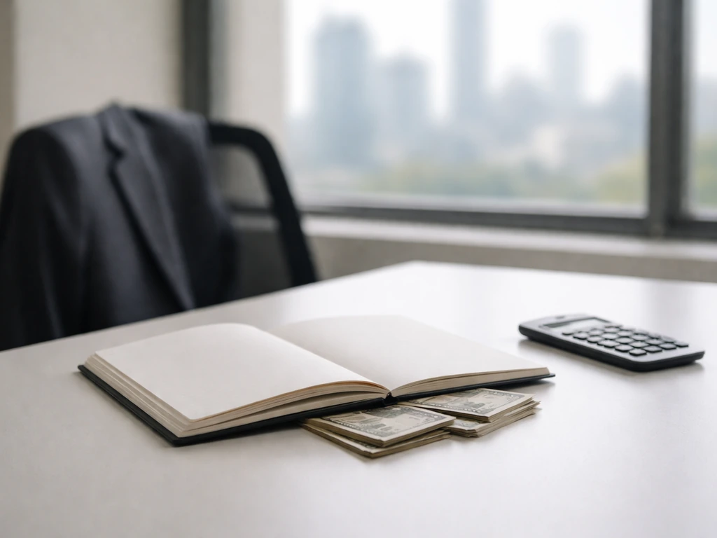 Minimal office scene with a blurred city skyline and subtle money symbolism, representing a net worth estimate range.