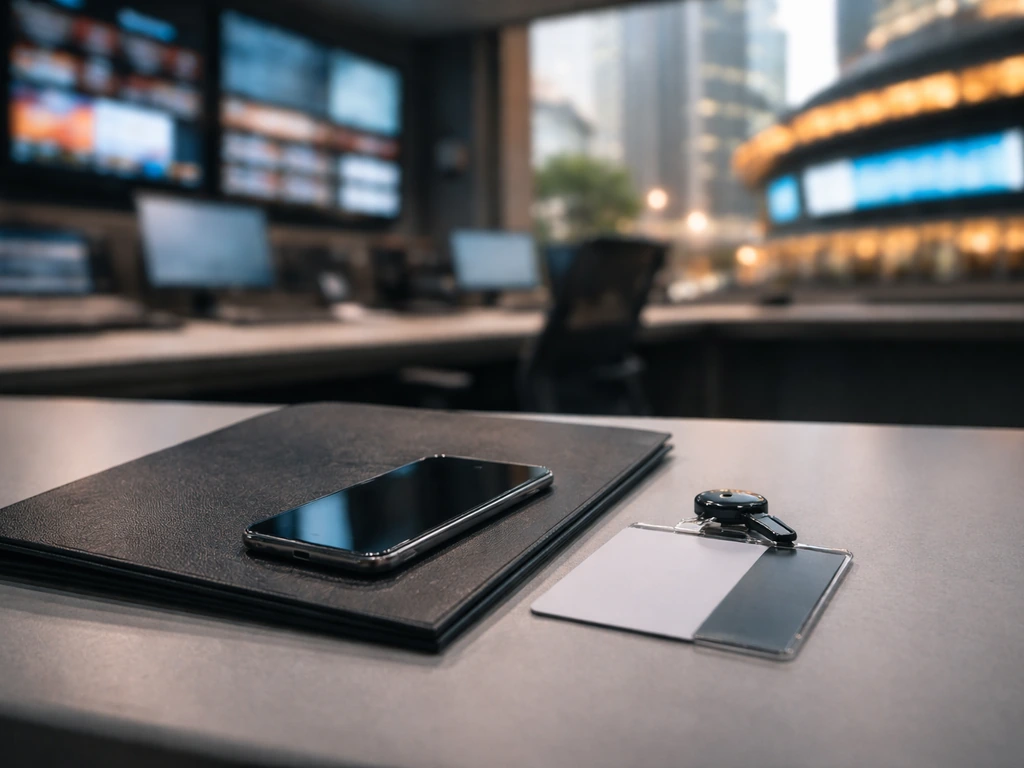 Desk with a black folder and phone in front of a blurred city studio scene, signaling a major entertainment acquisition.