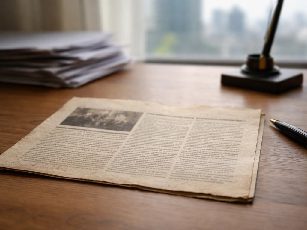 A worn newspaper clipping on a desk with a pen and blurred city view, suggesting media and finance sources.