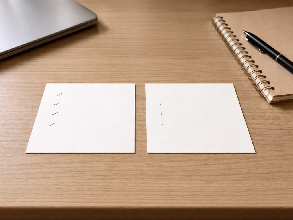 Minimal due-diligence checklist showing do vs don’t cards with cautionary bullets, office desk scene.
