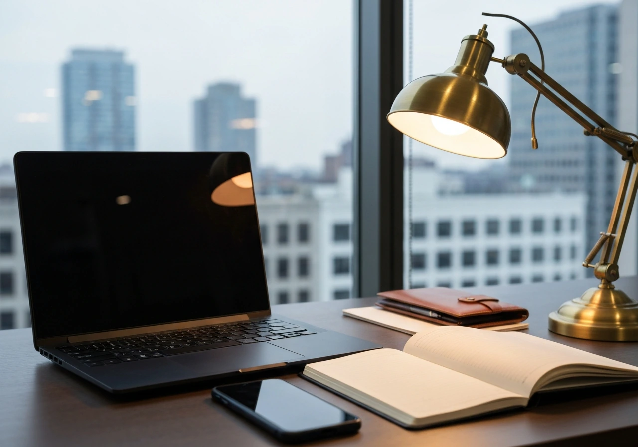 Minimal desk setup with laptop, notebook, and city view, symbolizing payment business wealth research.