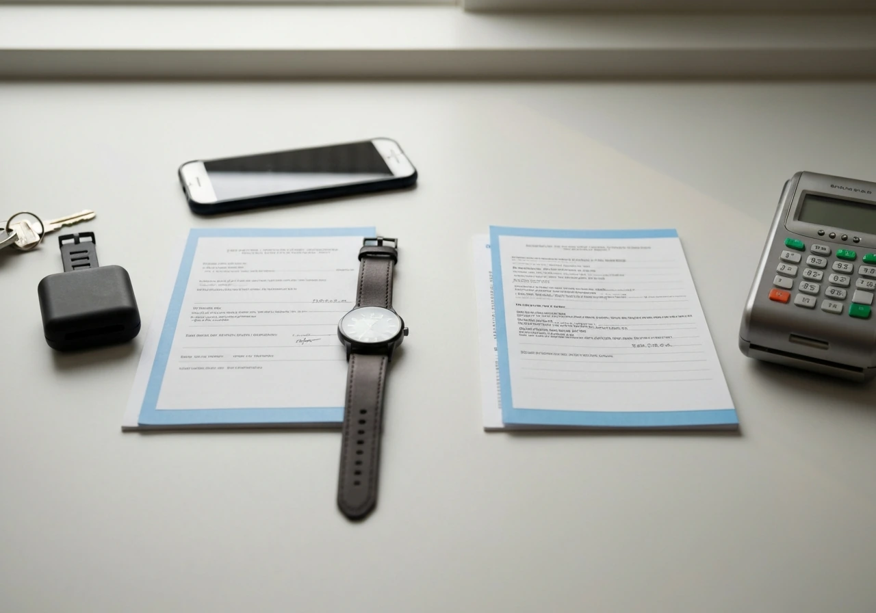 Minimal desk scene with two distinct document and device sets suggesting identity verification for different Marc Gardne