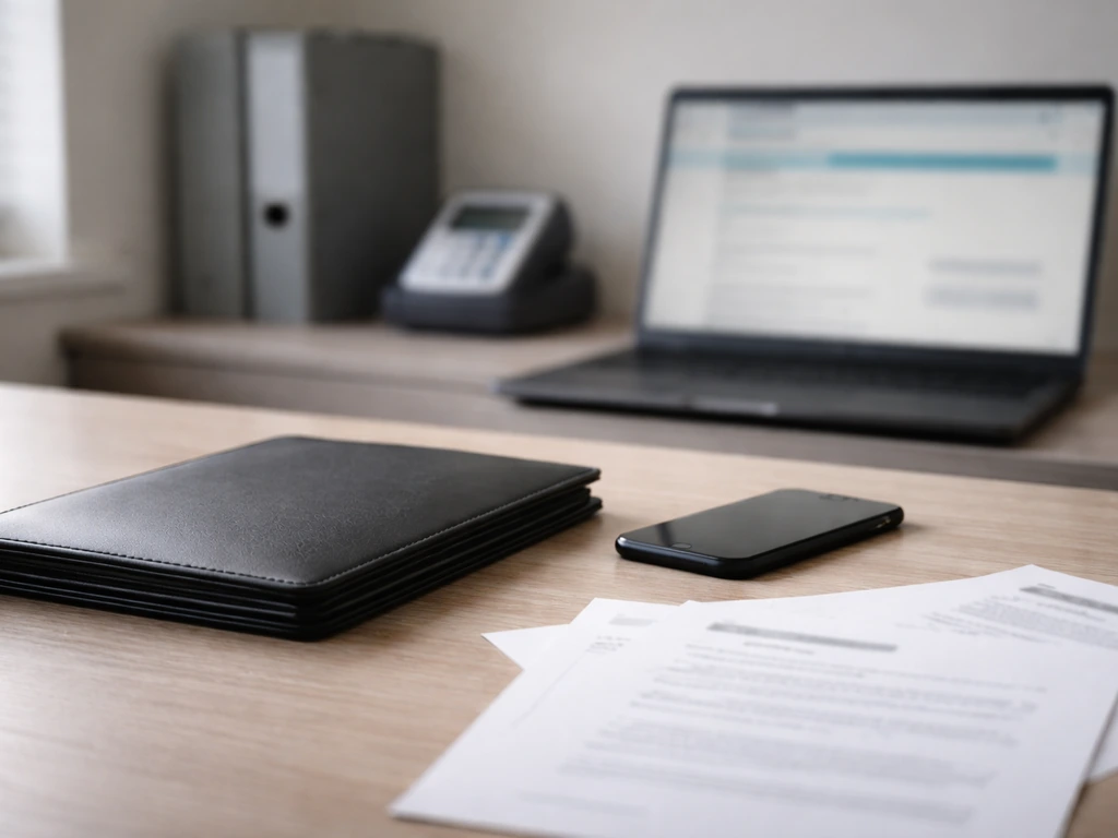 Minimal office desk with documents, phone, laptop showing blurred public-record style blocks, symbolizing verification.