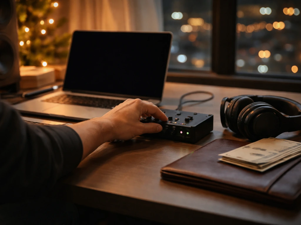 Anonymous music producer adjusts studio equipment next to leather portfolio and stacked envelopes.