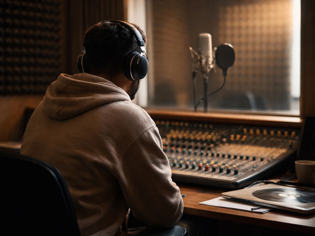 Anonymous studio professional beside a microphone and mixing console in a small recording room.