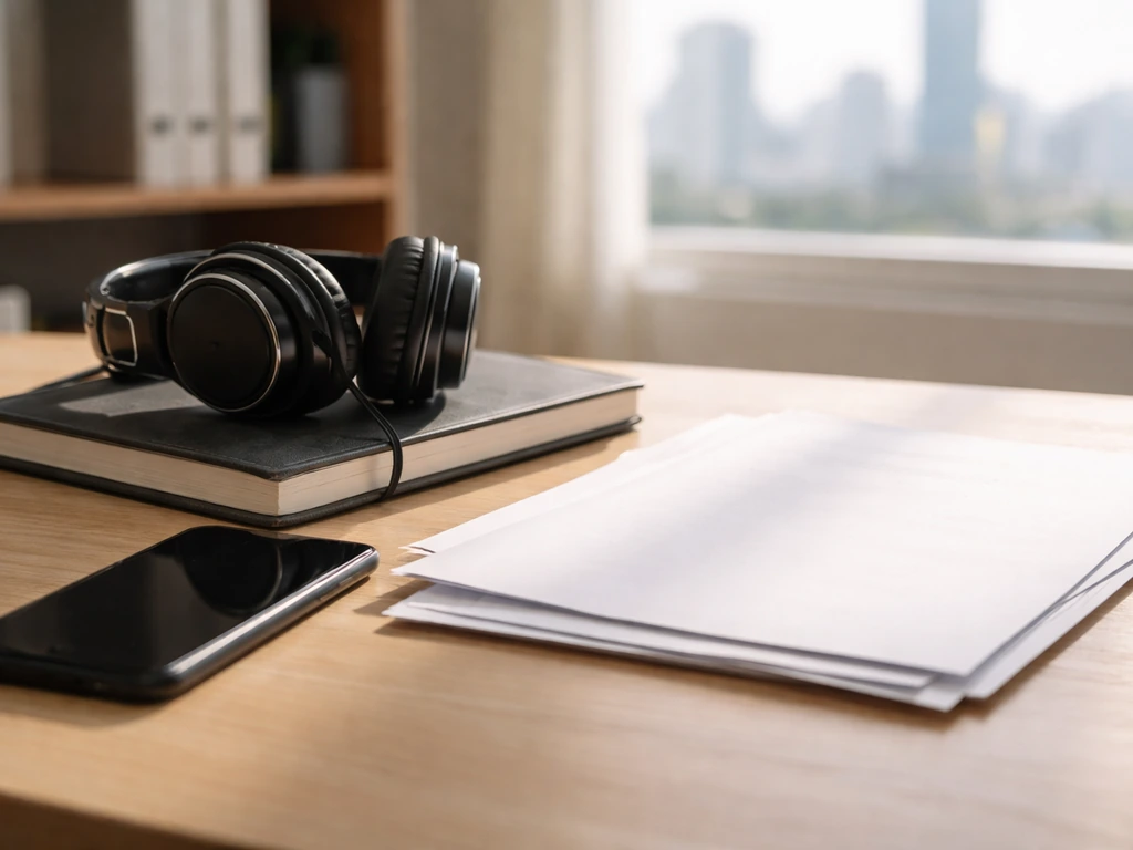 Minimal desk with studio headphones, blank papers, and an accounting notebook symbolizing conflicting net-worth estimate