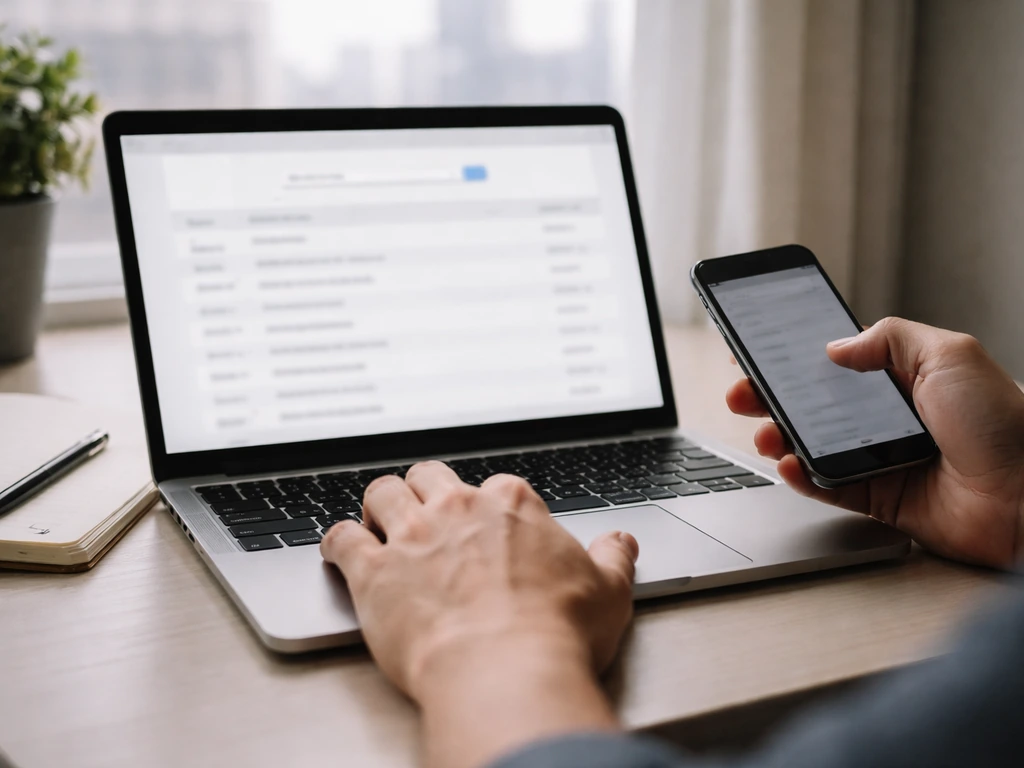Hands checking a blurred music-rights database on a laptop in a quiet home office.