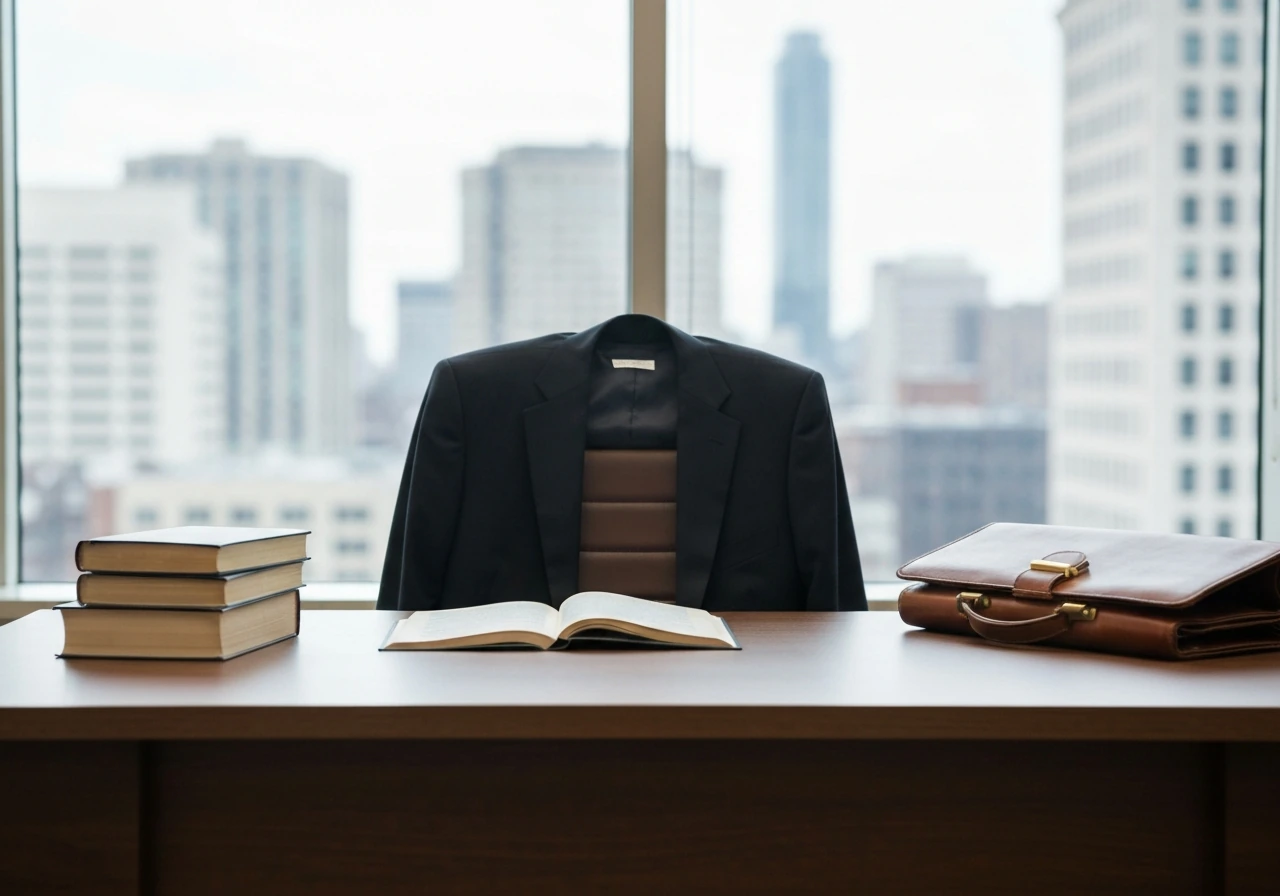 American trial lawyer’s office scene with a suit jacket and law books on a desk