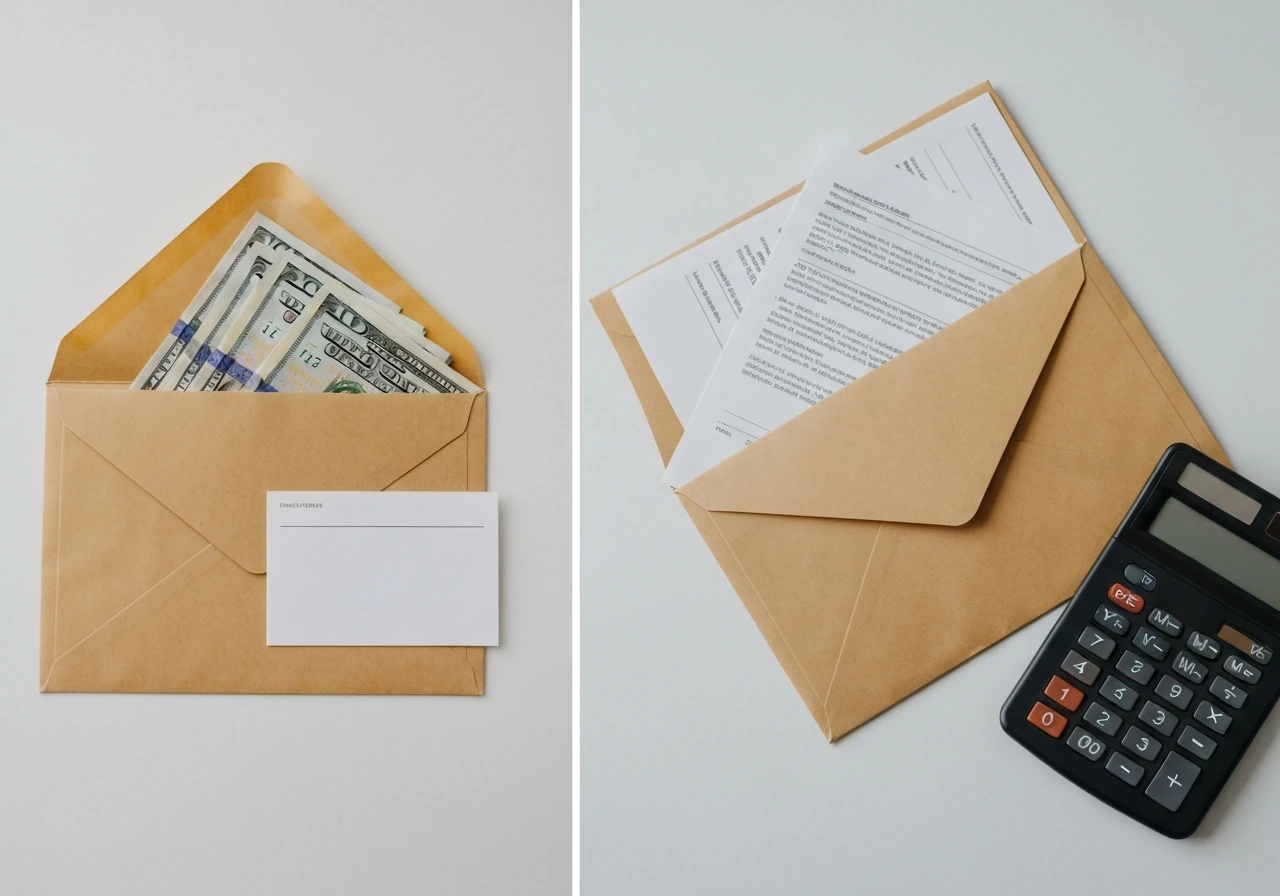 Split desk scene showing two marked envelopes with money and a small calculator, symbolizing competing net-worth estimat