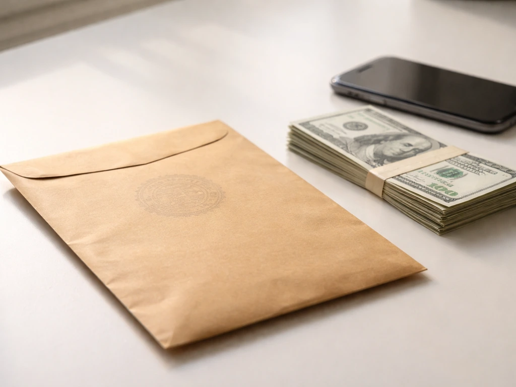 Close-up of a mortgage-style loan envelope beside cash, symbolizing debts reducing net worth.