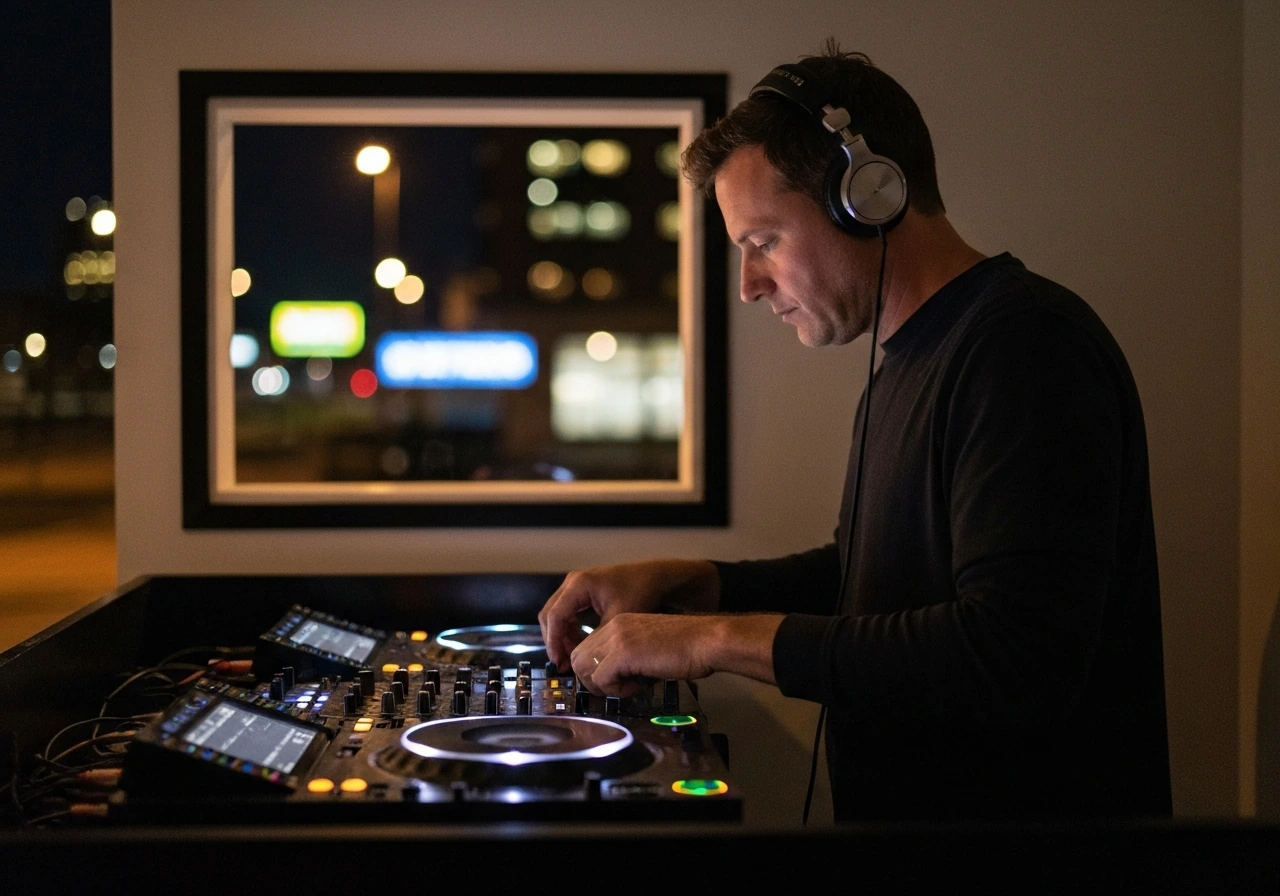 Detroit-born DJ Marc Kinchen profile verified: a DJ in a dim booth with turntables and headphones