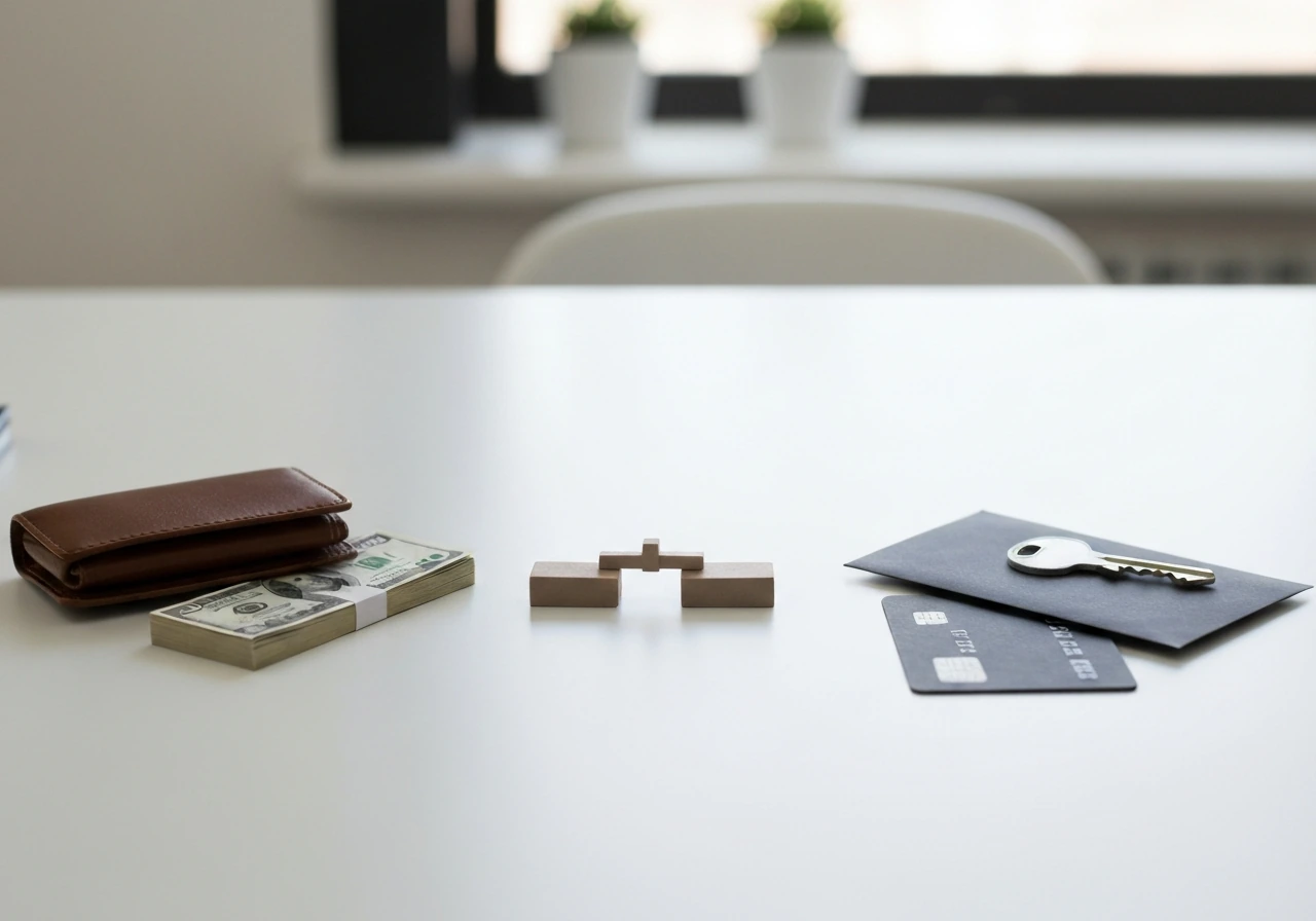 Minimal desk still life with wallet and cash props on one side, debt-like envelope on the other.