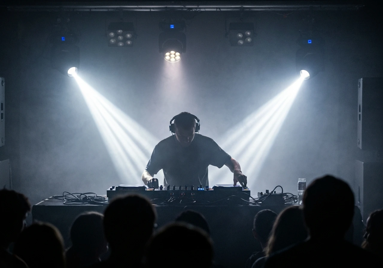 Anonymous DJ silhouette performing at a dark club with stage lights and light haze behind the booth.