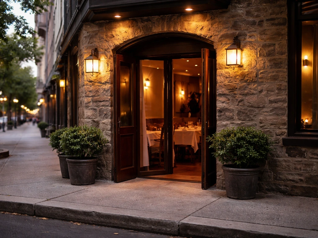 Quiet Philadelphia restaurant entrance with warm light, symbolizing chef and restaurateur Marc Vetri’s presence