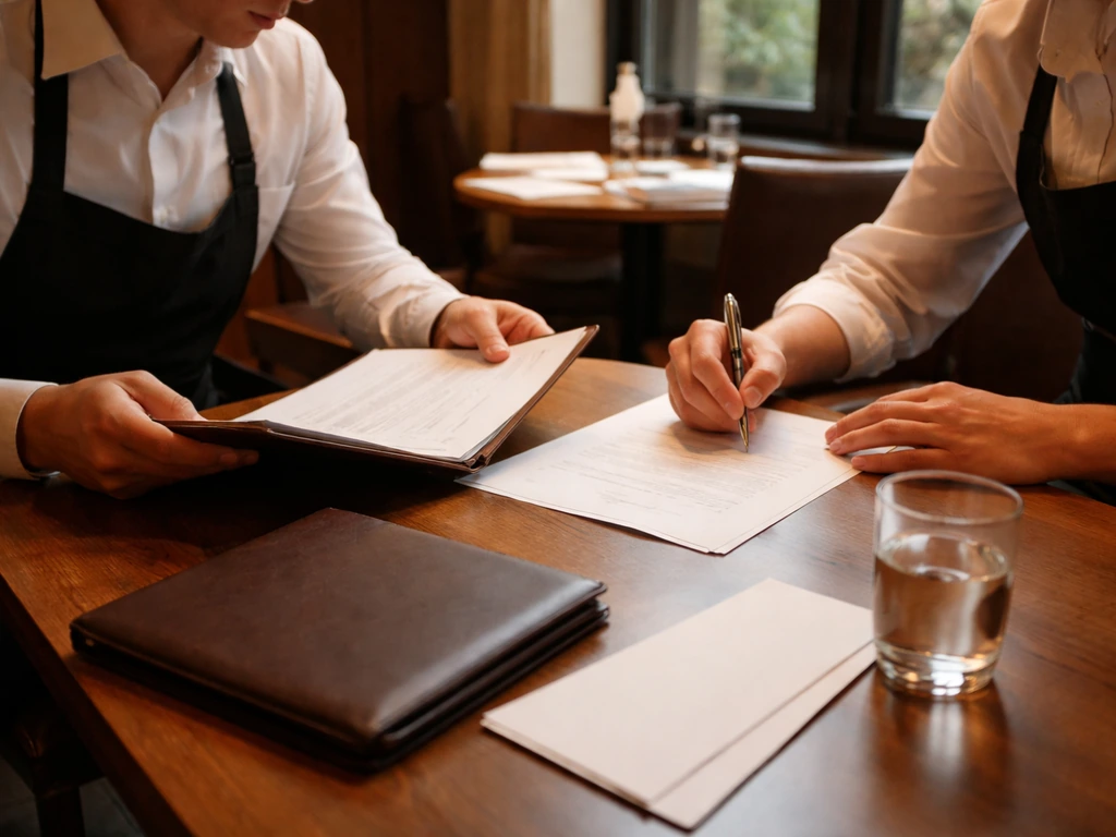 Two restaurant staff at a simple table with business documents, suggesting a major 2015 deal in early 2015