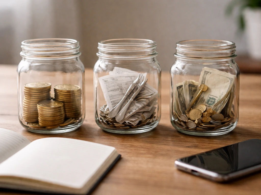 Three small containers on a desk symbolizing sale proceeds, retained equity, and other assets.