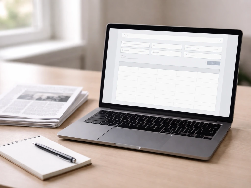 Printed business article clippings and a laptop showing a generic entity registry search interface for cross-checking