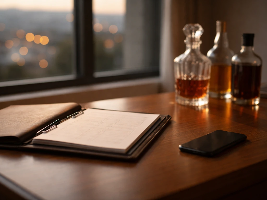 Hillsborough wine-and-spirits business scene with a blurred ledger and bottle silhouette, symbolizing Marci Palatella’s