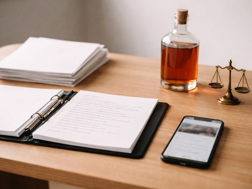 An anonymous workspace with a binder, contract papers, and a dimly lit distillery bottle silhouette background