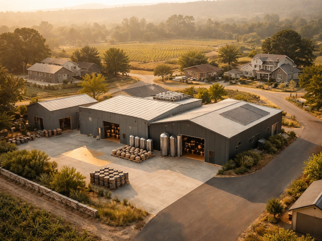 Aerial view of a modern distillery building beside nearby properties in soft golden light.