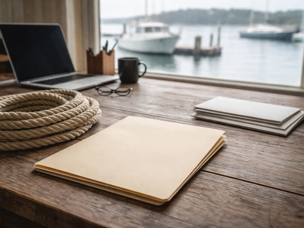 Minimal photo of a business desk with a fishing license folder, cash-like envelopes, and a blurry marina view