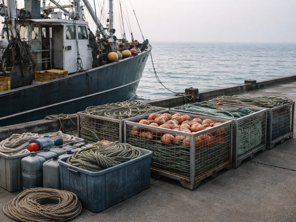 Dockside commercial fishing vessel with gear storage crates and ropes—tangible assets at a quiet pier.