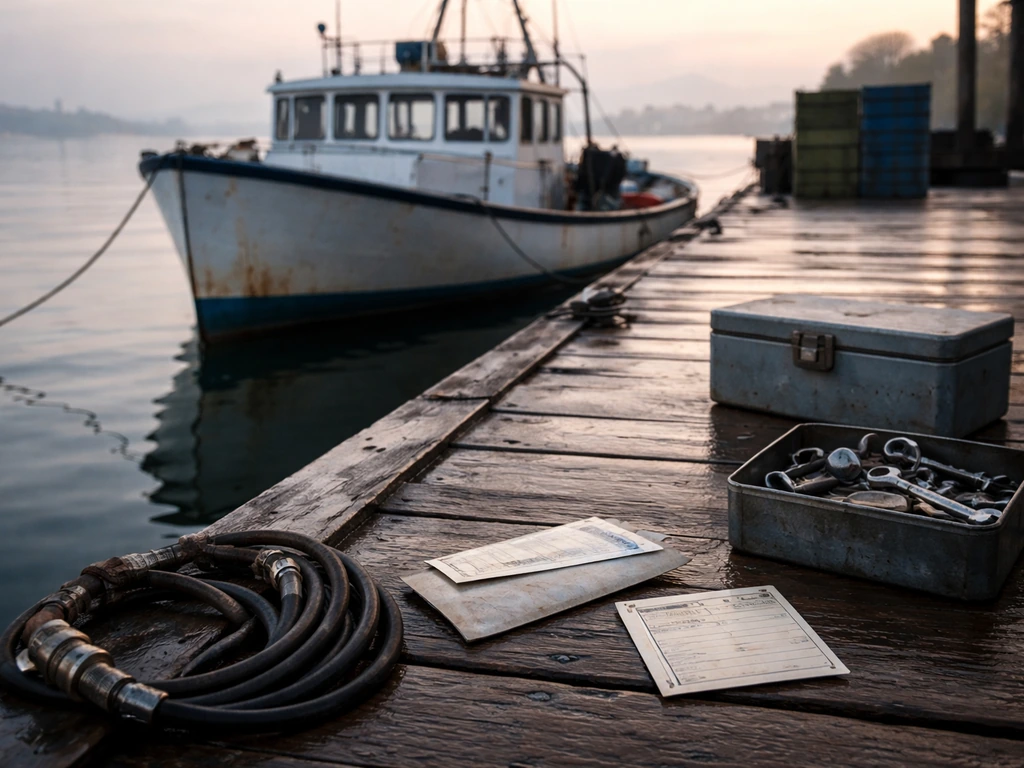 Commercial fishing boat at a quiet harbor with mooring lines and subtle hints of loan and operating costs