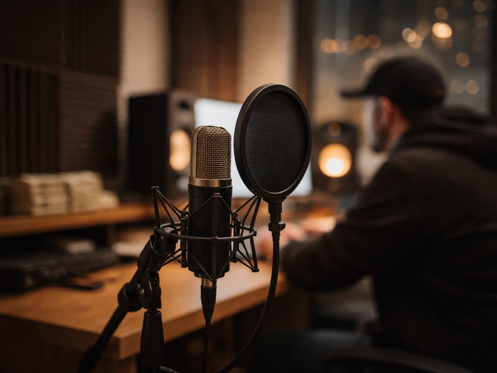 Anonymous singer-songwriter recording in a small studio with a microphone and money-themed bokeh lights