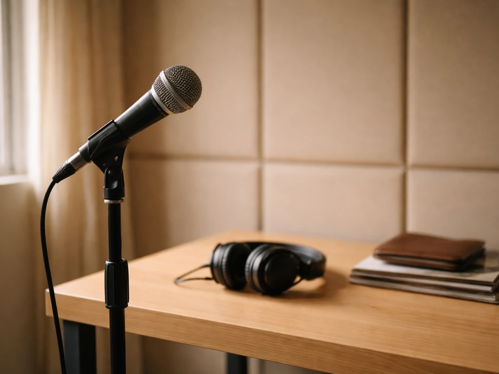 Minimal music studio scene with a microphone, headphones, and wallet suggesting an emerging singer’s career.