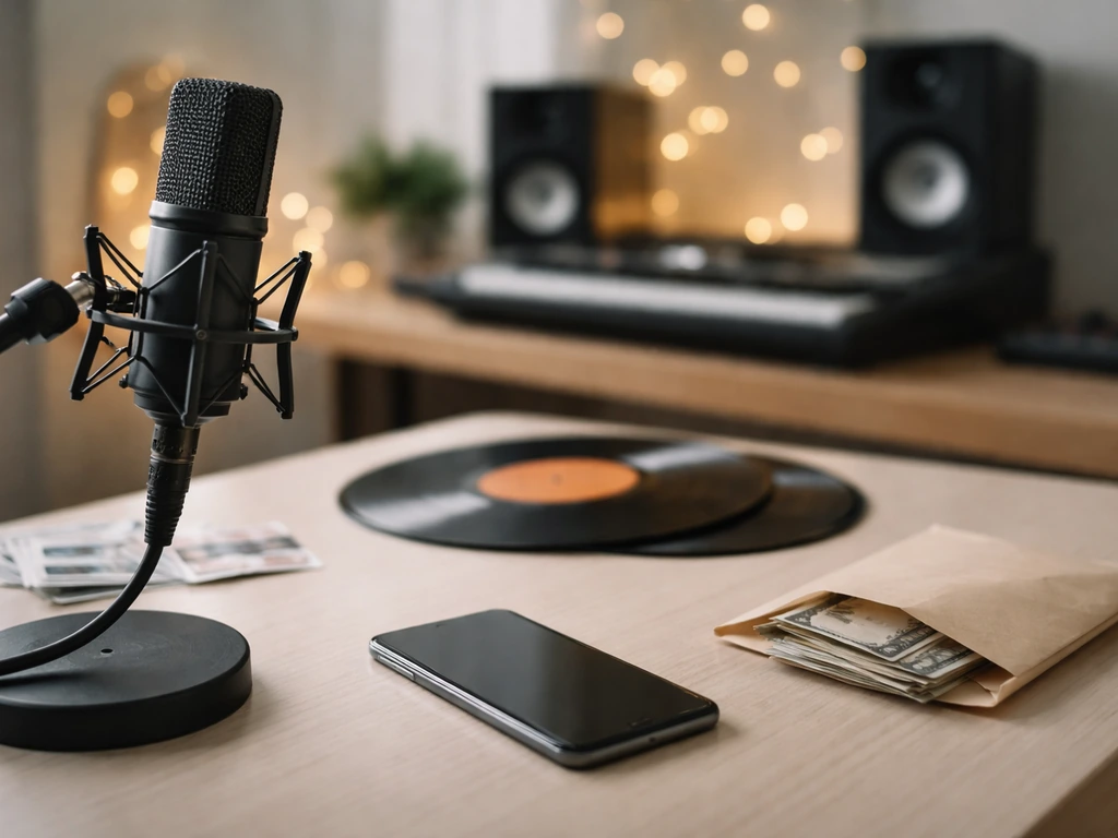 Minimal photo of a music producer’s desk with vinyl, studio microphone, and cash-colored envelope tones