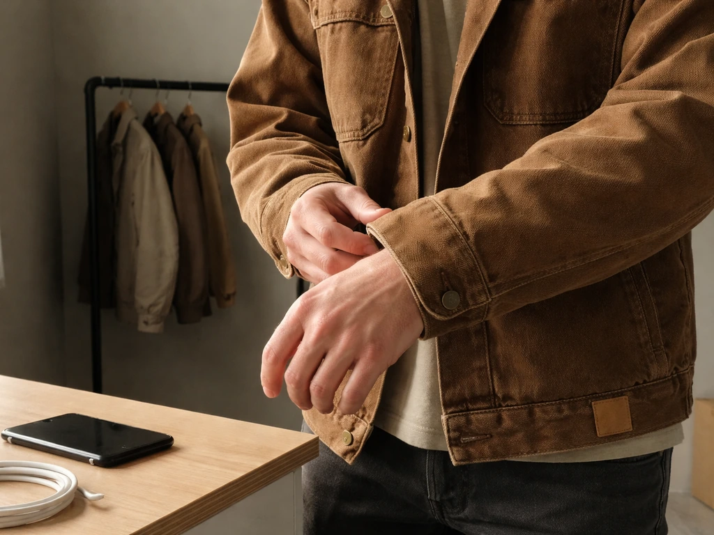 Anonymous hands adjusting a rugged brown work jacket in a minimal studio workspace symbolizing brand merchandise.