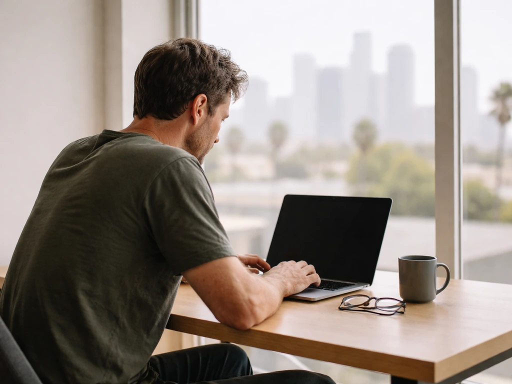 California tech entrepreneur silhouette-like figure in a quiet office with a laptop and city skyline window