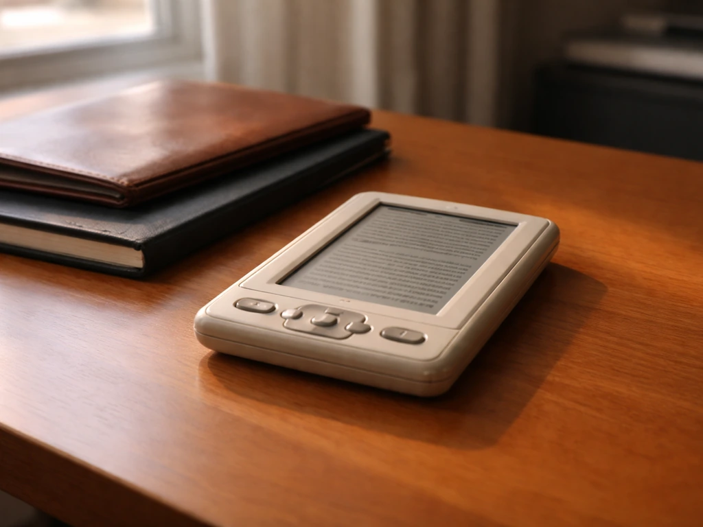Vintage e-reader on a wooden desk with a leather portfolio nearby, suggesting the Rocket eBook era.