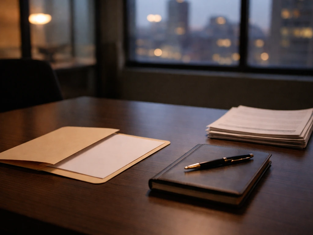 Minimal photo of a vintage 2000s-style business desk with documents and a bound notebook, symbolizing early startup fina