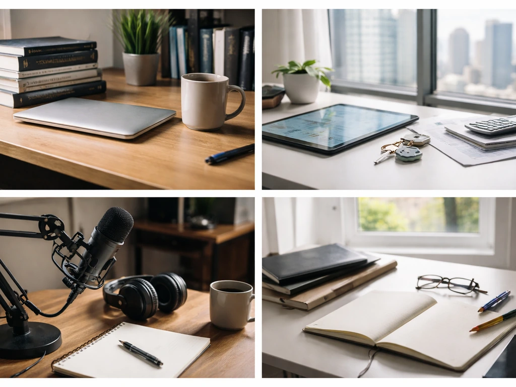 Minimal collage showing distinct professional contexts using objects and settings, not people