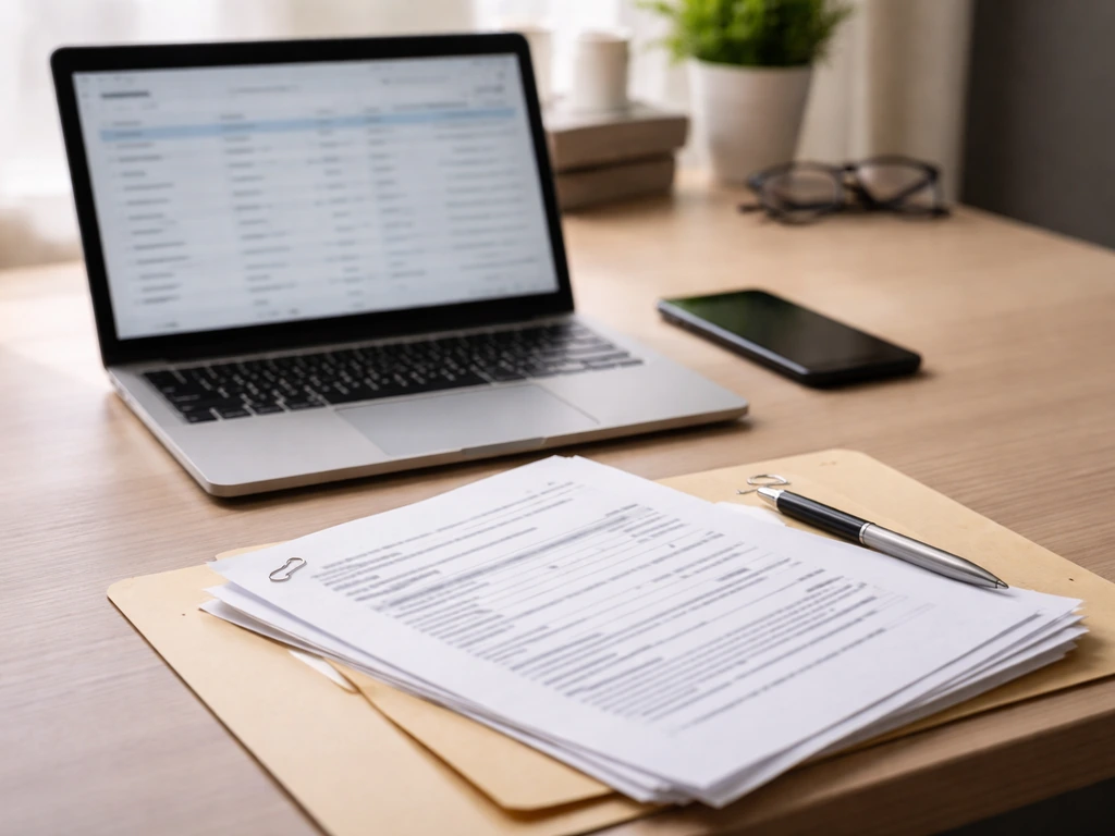 Minimal desk scene with laptop, blurred database results, and documents suggesting public-record verification.
