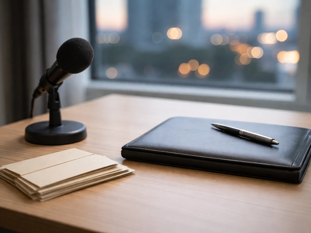 Minimal business desk scene with a microphone and cash envelopes symbolizing which Marc Taub the article refers to.