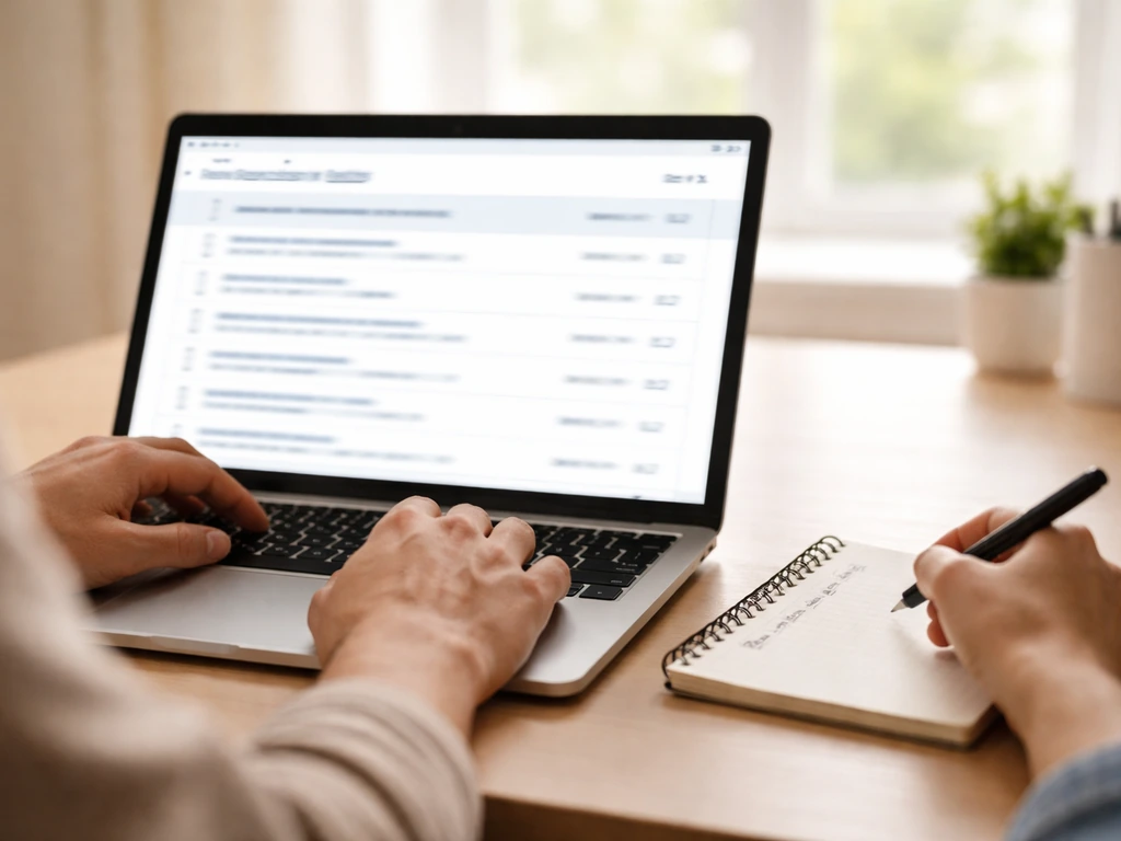 Hands using a laptop to review generic business registration search results at a quiet desk.