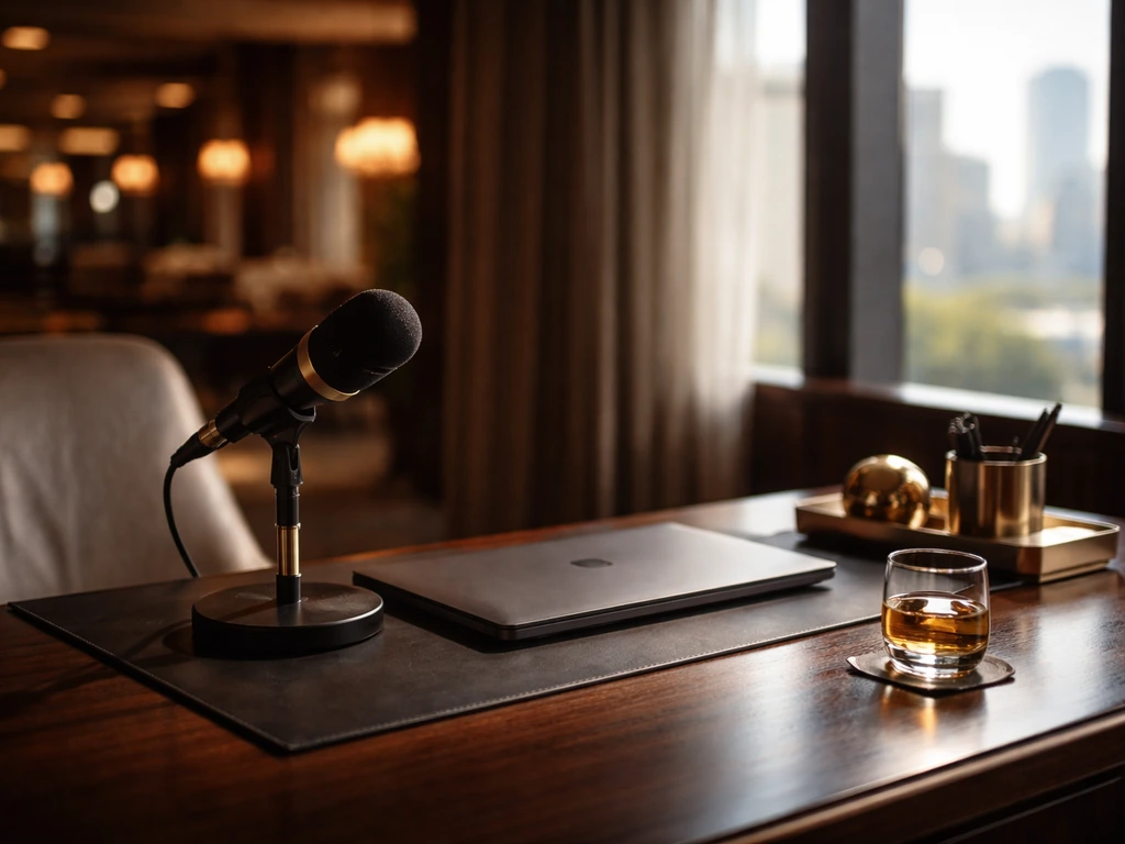 Luxury hotel office desk with microphone and soft window light, symbolic of business wealth analysis