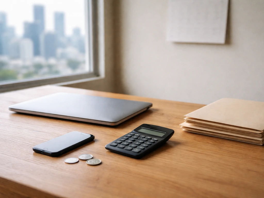 Minimal desk scene with laptop, calculator, coins, and folders suggesting deal-based net worth estimation